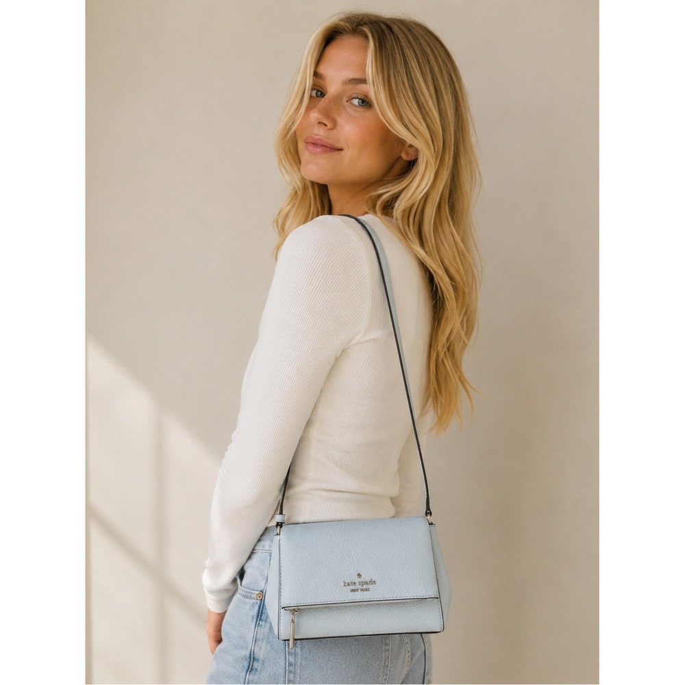 Kate Spade New York Pebbled Leather Flap Crossbody Bag Light Blue New